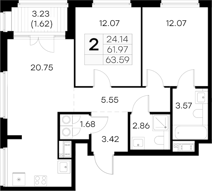 2-комнатная квартира 63.59 м², 3/6 эт., ЖК «Glorax City Василеостровский»